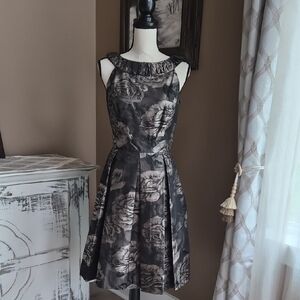 dressbarn Black & Gray Floral Midi Fit-and-Flare Dress